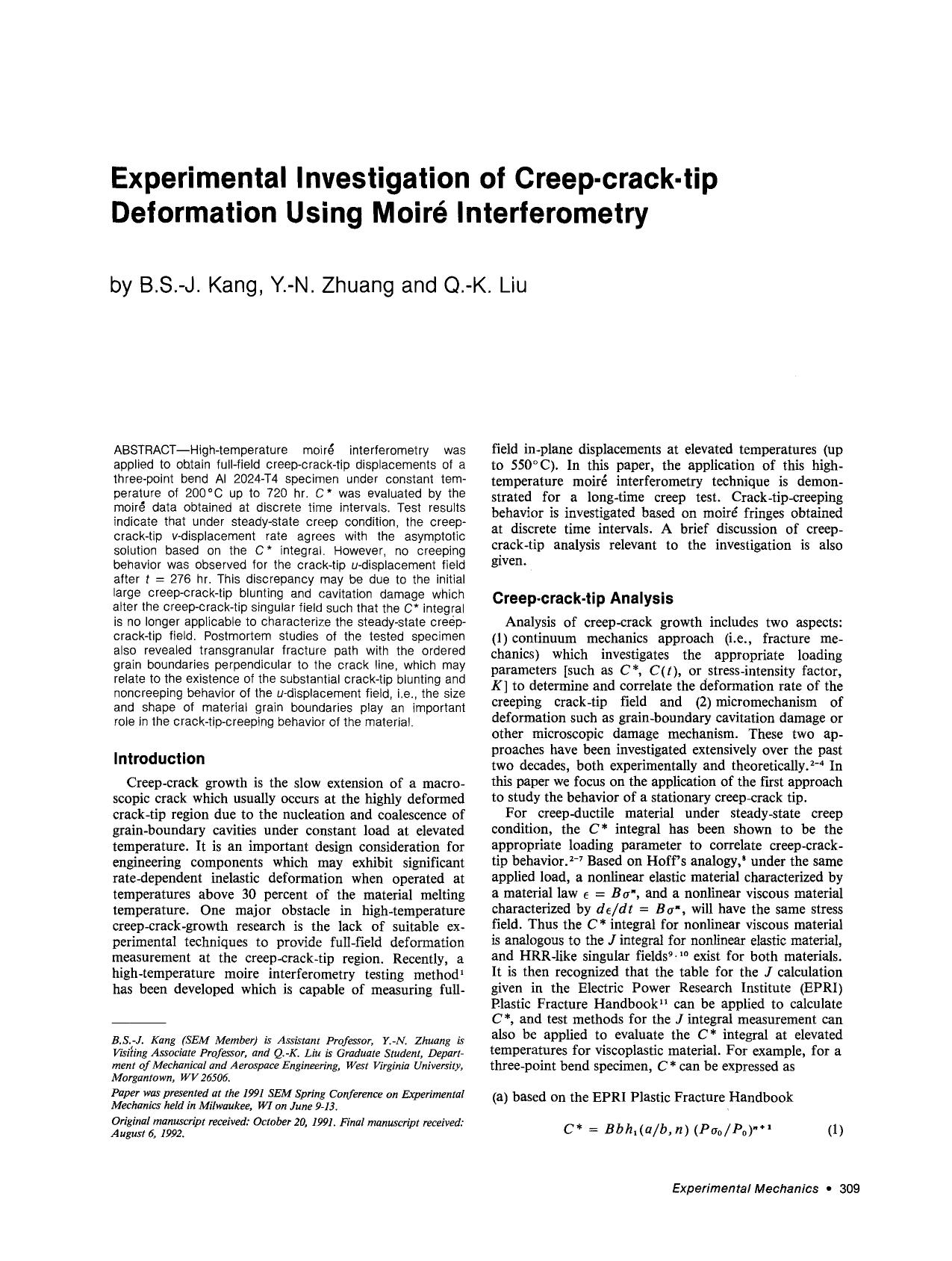 Experimental investigation of creep-crack-tip deformation using moiré interferometry by Unknown