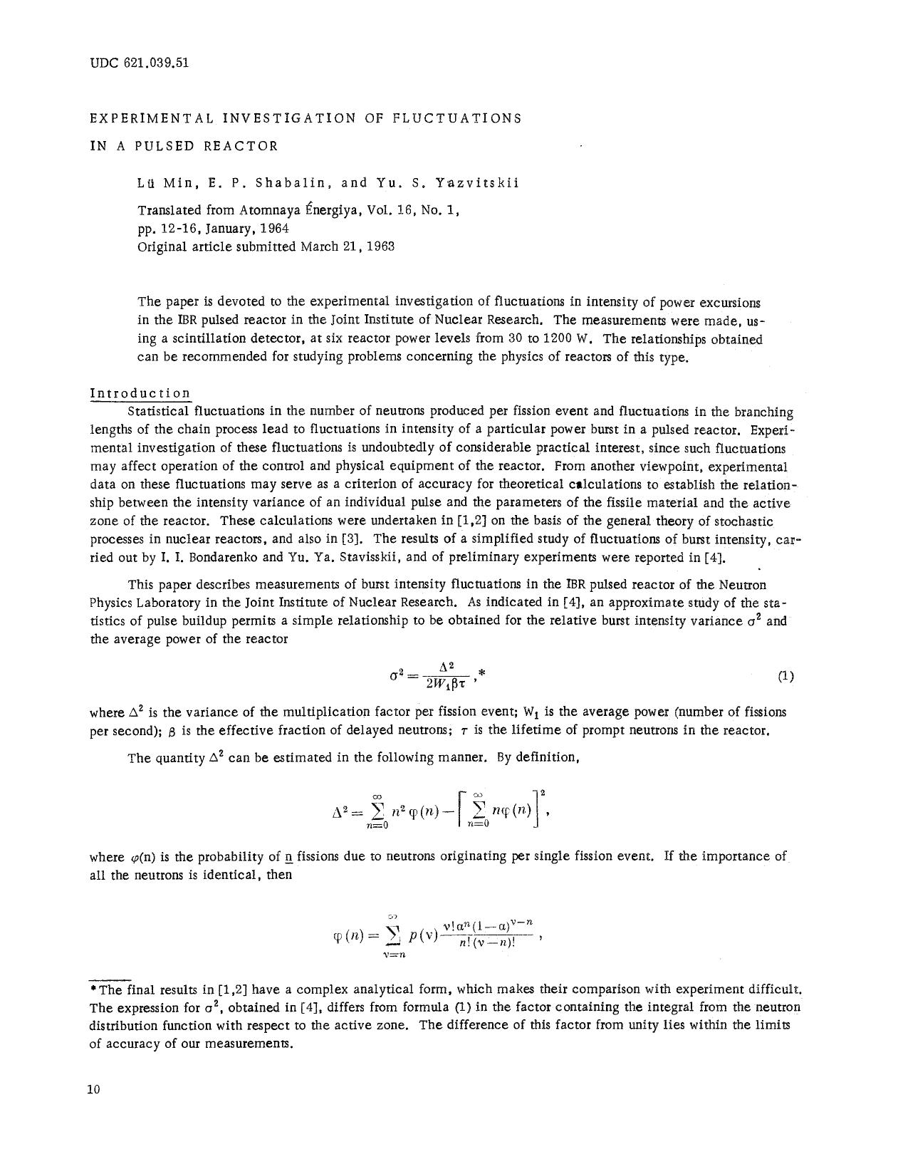 Experimental investigation of fluctuations in a pulsed reactor by Unknown