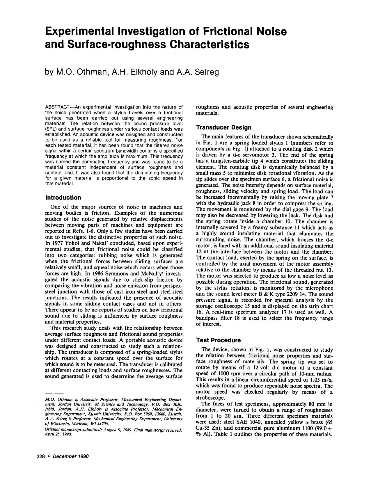 Experimental investigation of frictional noise and surface-roughness characteristics by Unknown
