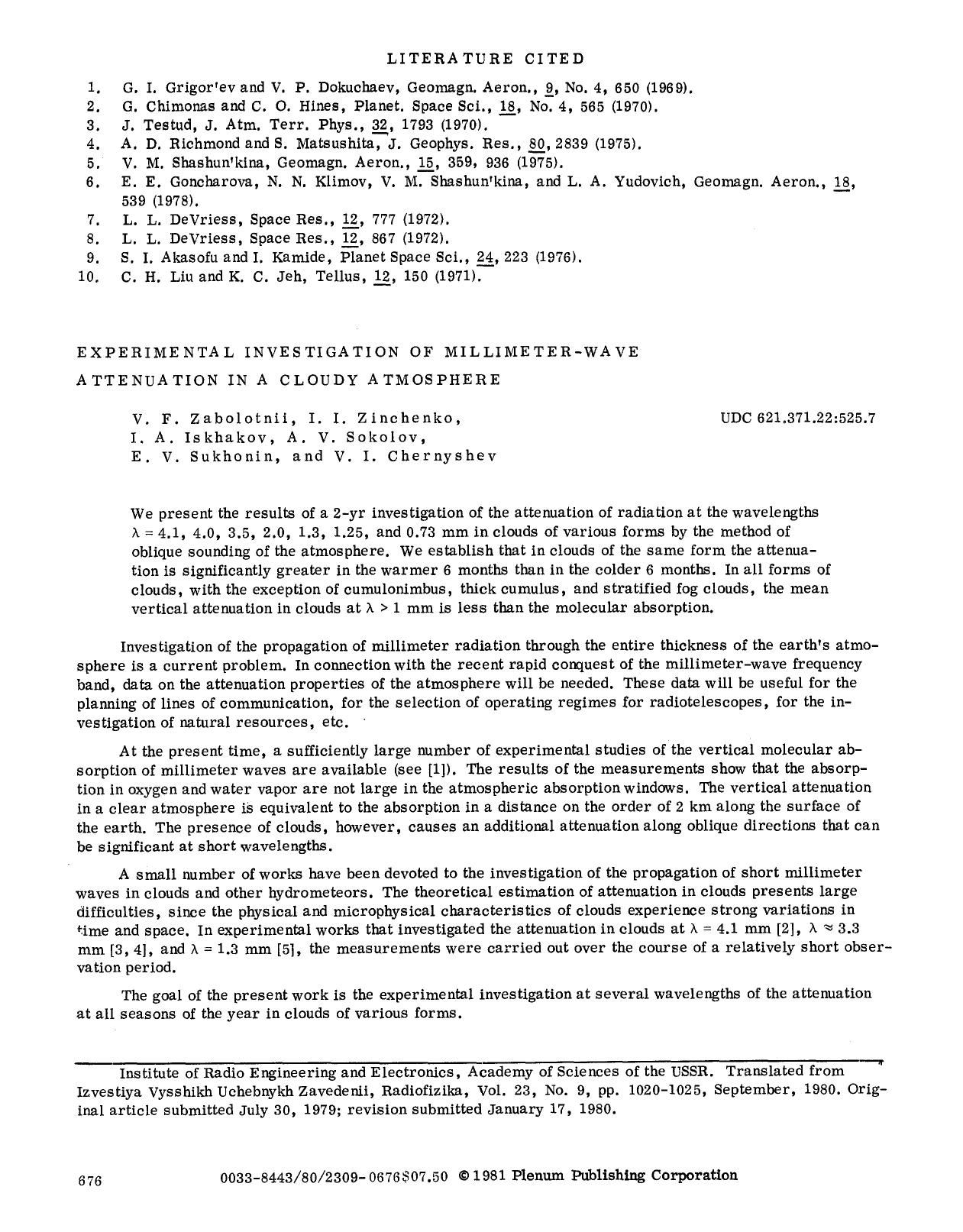 Experimental investigation of millimeter-wave attenuation in a cloudy atmosphere by Unknown