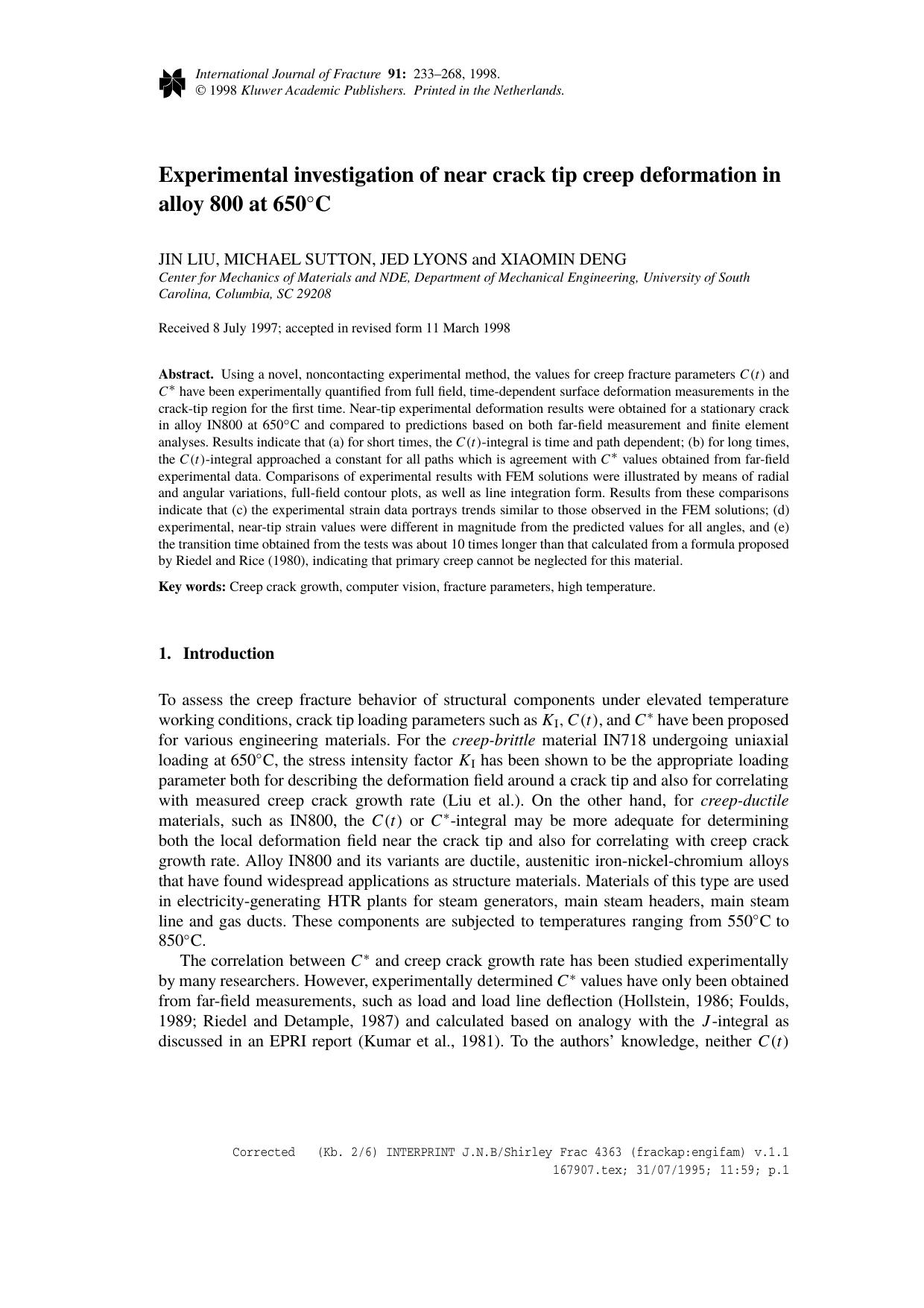 Experimental investigation of near crack tip creep deformation in alloy 800 at 650^C by Unknown