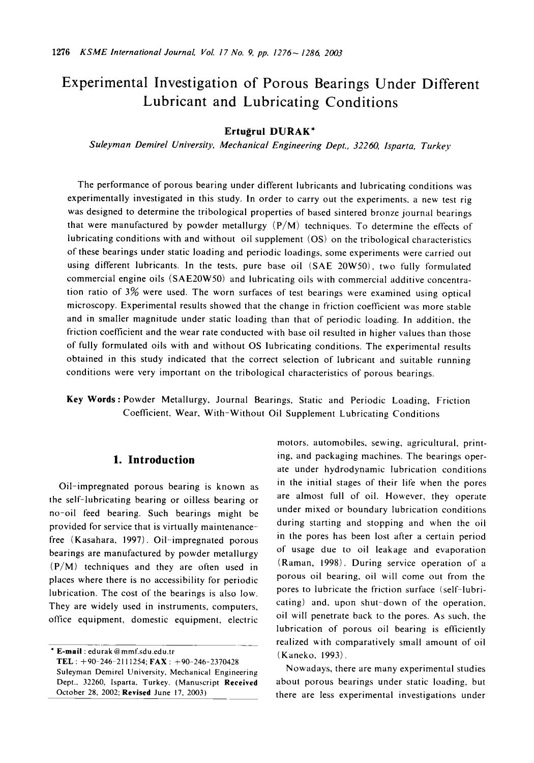 Experimental investigation of porous bearings under different lubricant and lubricating conditions by Unknown
