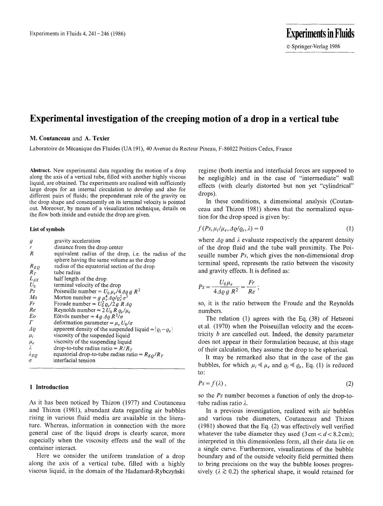Experimental investigation of the creeping motion of a drop in a vertical tube by Unknown