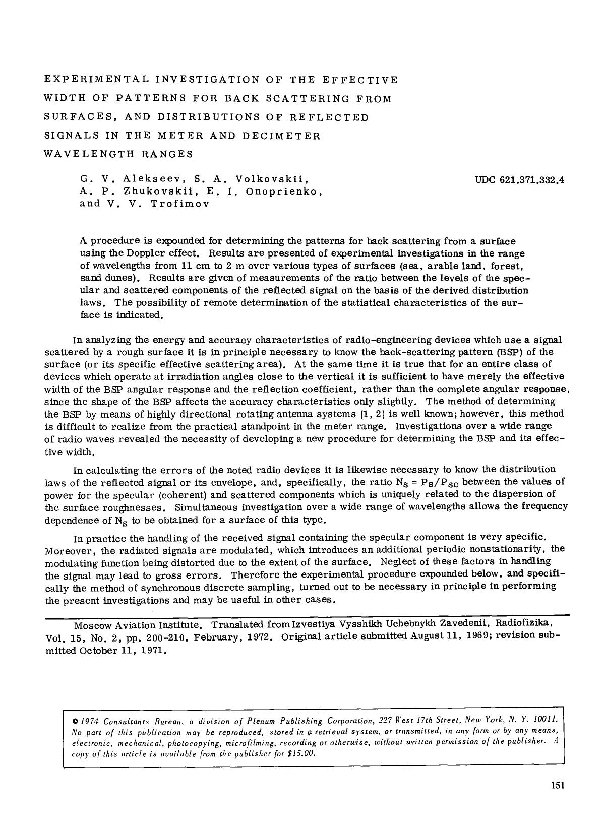 Experimental investigation of the effective width of patterns for back scattering from surfaces, and distributions of reflected signals in the meter and decimeter wavelength ranges by Unknown