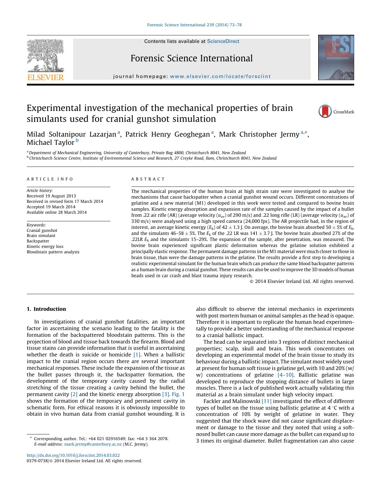 Experimental investigation of the mechanical properties of brain simulants used for cranial gunshot simulation by Milad Soltanipour Lazarjan & Patrick Henry Geoghegan & Mark Christopher Jermy & Michael Taylor