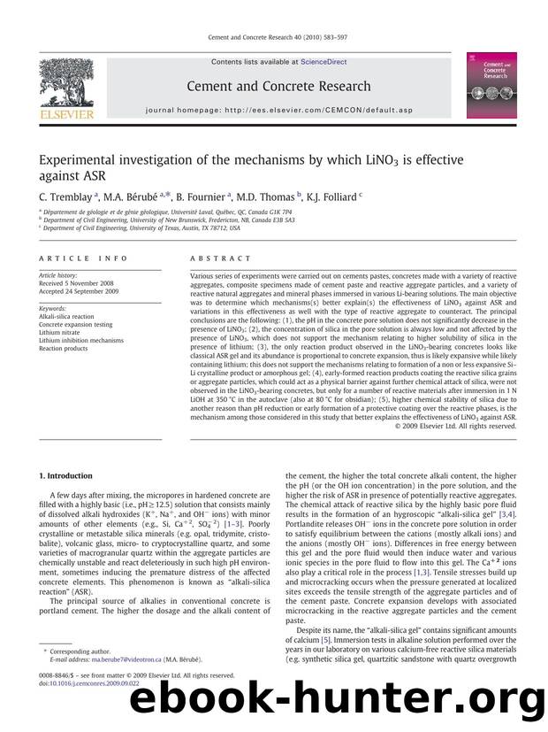 Experimental investigation of the mechanisms by which LiNO3 is effective against ASR by C. Tremblay; M.A. Bérubé; B. Fournier; M.D. Thomas; K.J. Folliard