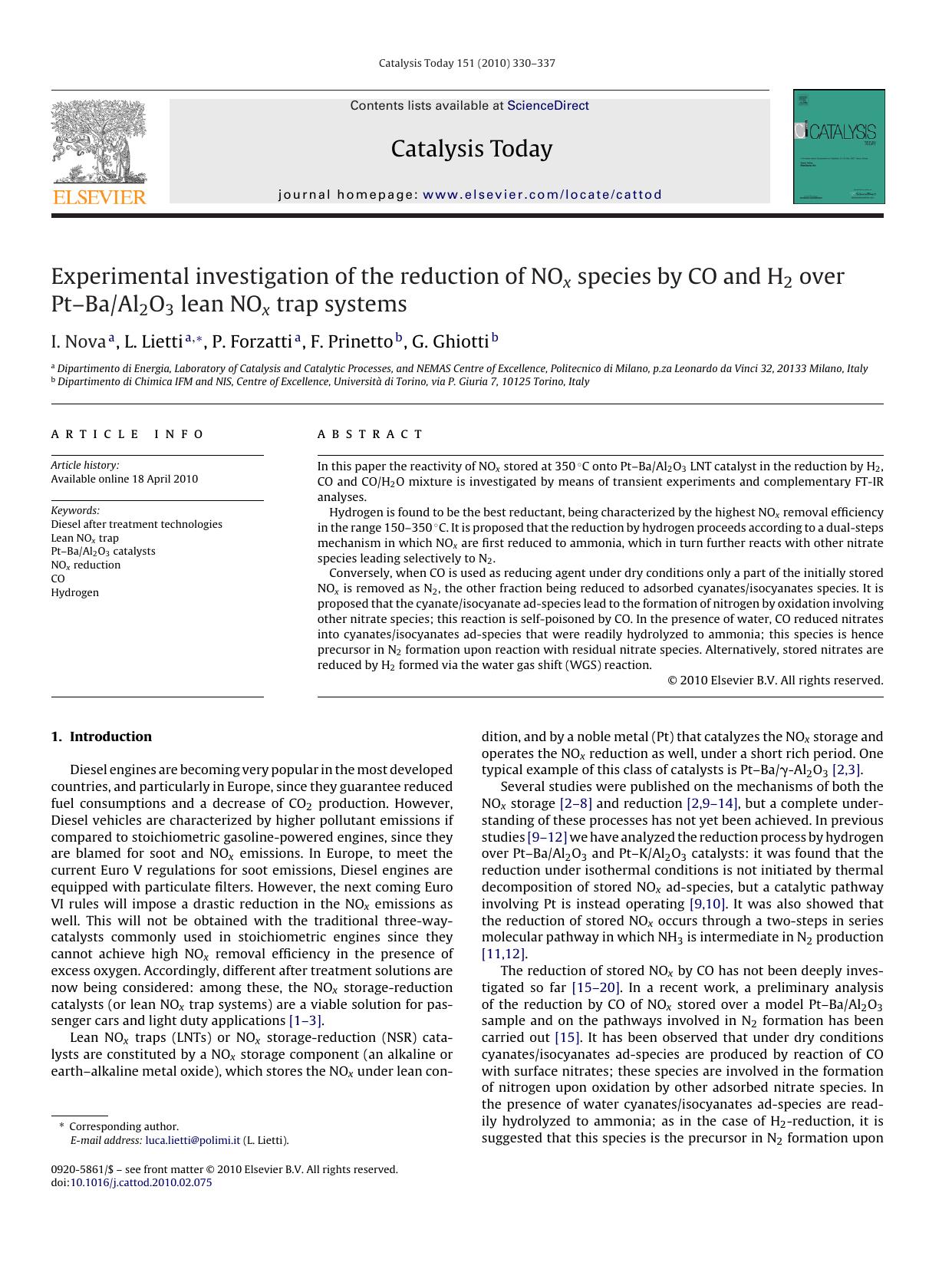 Experimental investigation of the reduction of NOx species by CO and H2 over PtÃ¢â¬âBaAl2O3 lean NOx trap systems by I. Nova; L. Lietti; P. Forzatti; F. Prinetto; G. Ghiotti