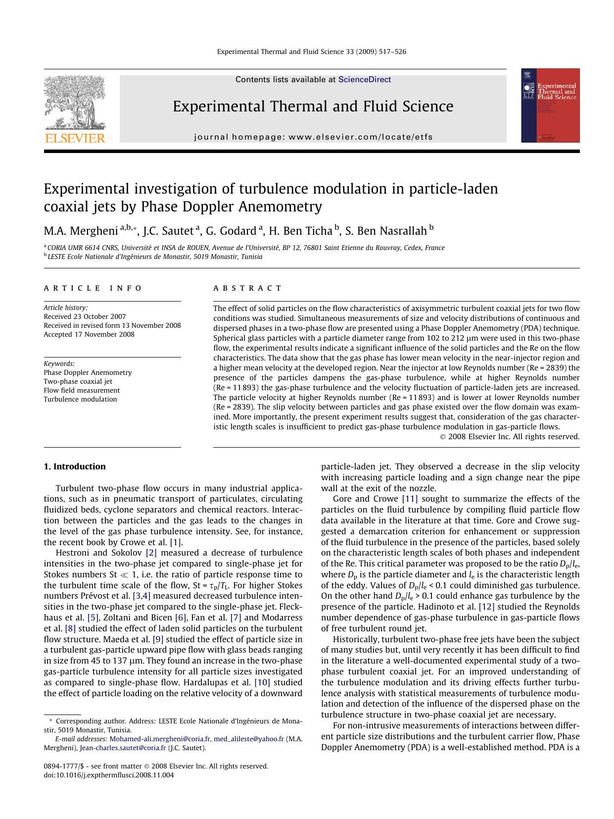 Experimental investigation of turbulence modulation in particle-laden coaxial jets by Phase Doppler Anemometry by M.A. Mergheni; J.C. Sautet; G. Godard; H. Ben Ticha; S. Ben Nasrallah