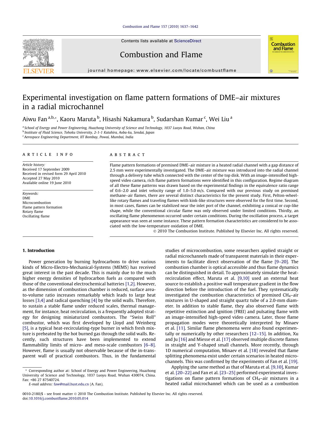 Experimental investigation on flame pattern formations of DMEÃ¢â¬âair mixtures in a radial microchannel by Aiwu Fan & Kaoru Maruta & Hitoshi Nakamura & Sudarshan Kumar & Wei Liu