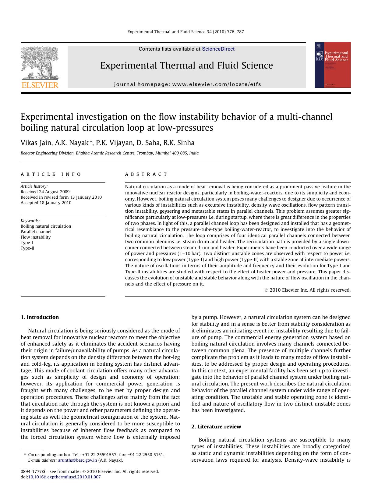Experimental investigation on the flow instability behavior of a multi-channel boiling natural circulation loop at low-pressures by Vikas Jain; A.K. Nayak; P.K. Vijayan; D. Saha; R.K. Sinha