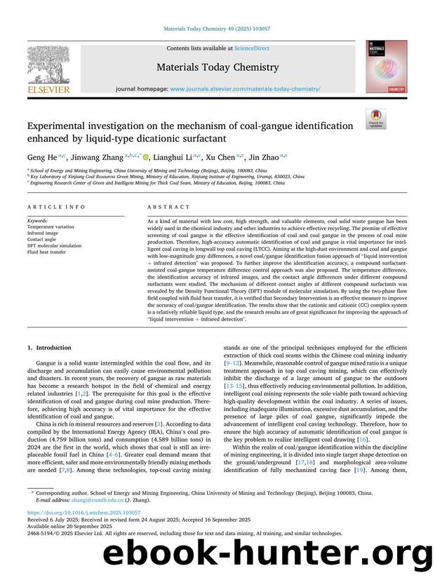 Experimental investigation on the mechanism of coal-gangue identification enhanced by liquid-type dicationic surfactant by Geng He & Jinwang Zhang & Lianghui Li & Xu Chen & Jin Zhao