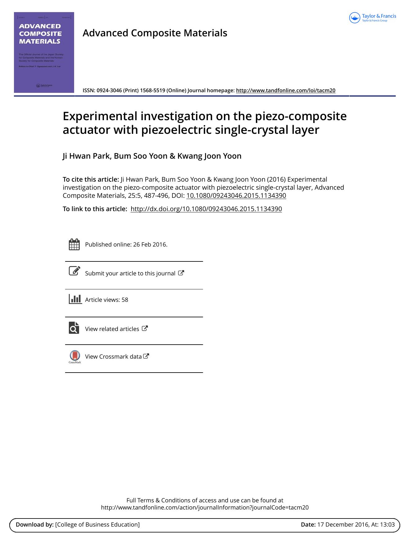 Experimental investigation on the piezo-composite actuator with piezoelectric single-crystal layer by Ji Hwan Park & Bum Soo Yoon & Kwang Joon Yoon
