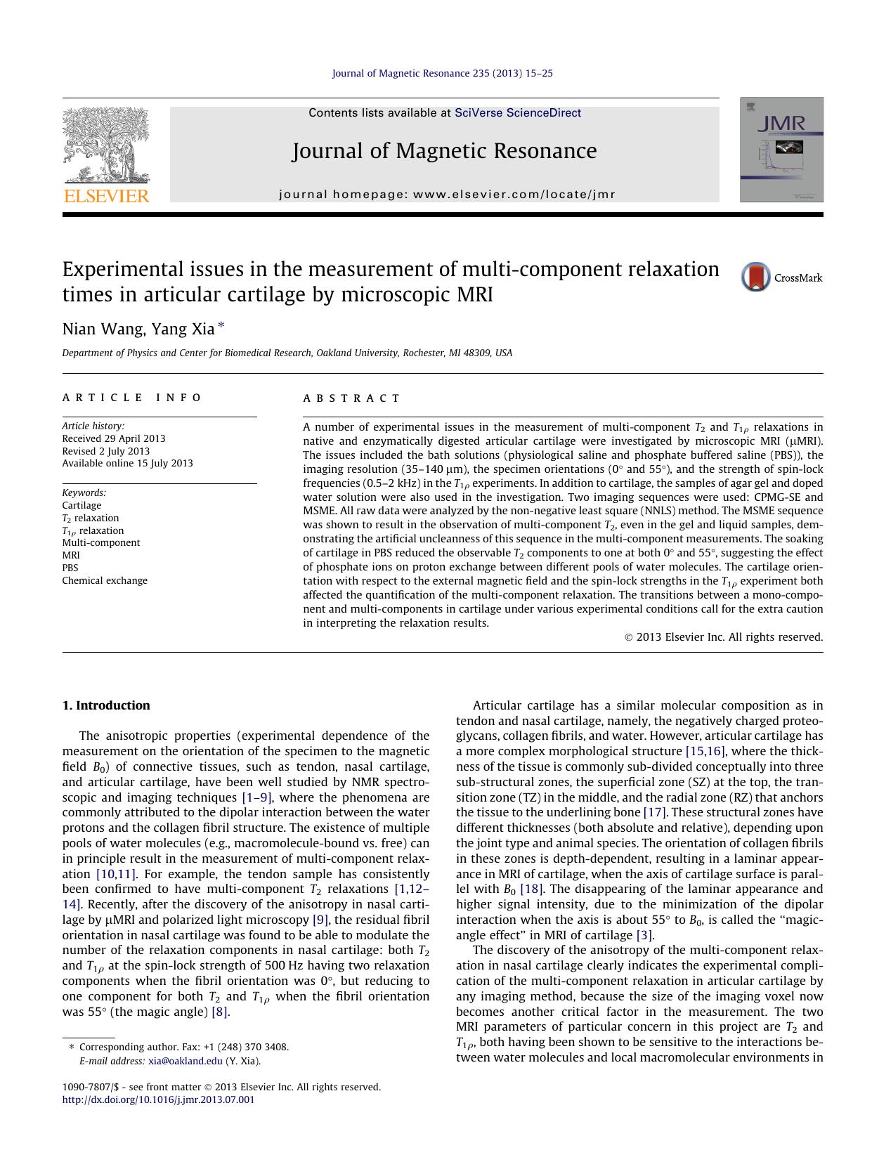 Experimental issues in the measurement of multi-component relaxation times in articular cartilage by microscopic MRI by Nian Wang & Yang Xia