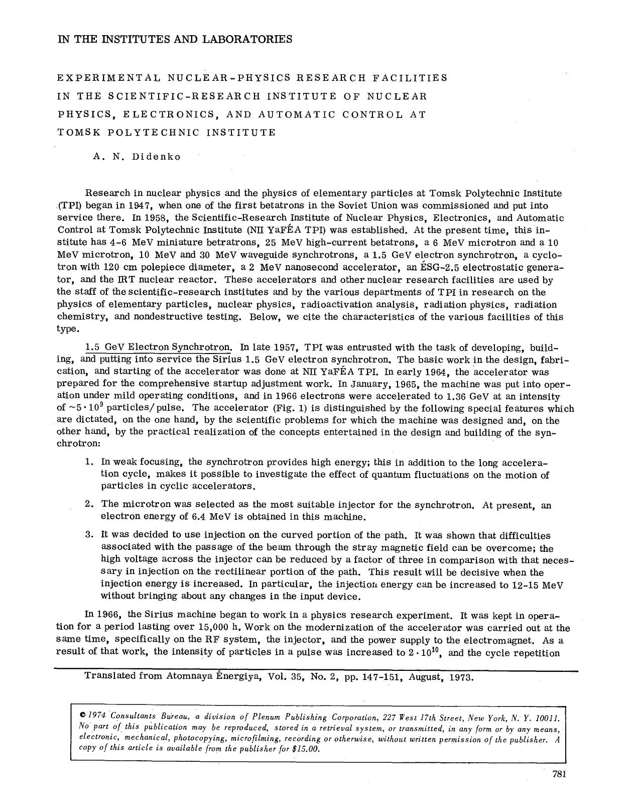 Experimental nuclear-physics research facilities in the scientific-research institute of nuclear physics, electronics, and automatic control at Tomsk Polytechnic institute by Unknown
