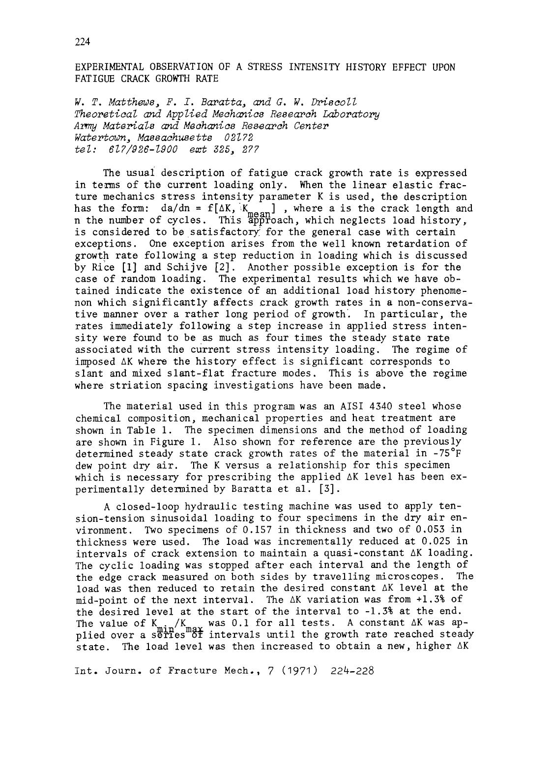 Experimental observation of a stress intensity history effect upon fatigue crack growth rate by Unknown