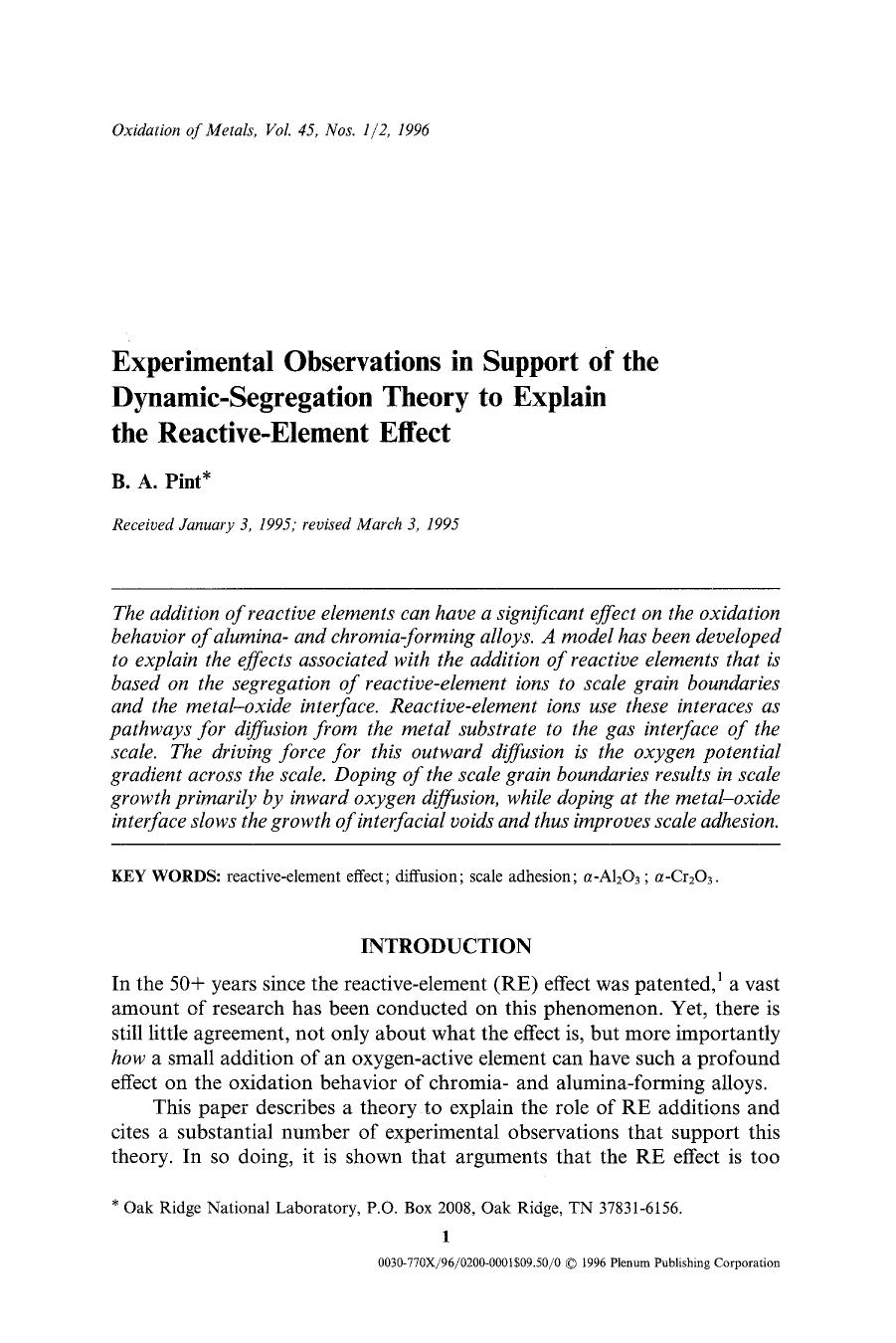 Experimental observations in support of the dynamic-segregation theory to explain the reactive-element effect by Unknown