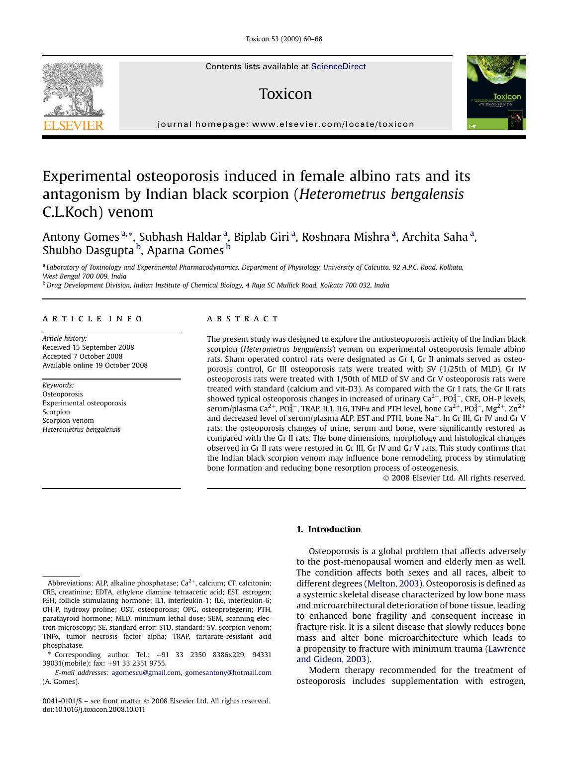 Experimental osteoporosis induced in female albino rats and its antagonism by Indian black scorpion (Heterometrus bengalensis C.L.Koch) venom by unknow