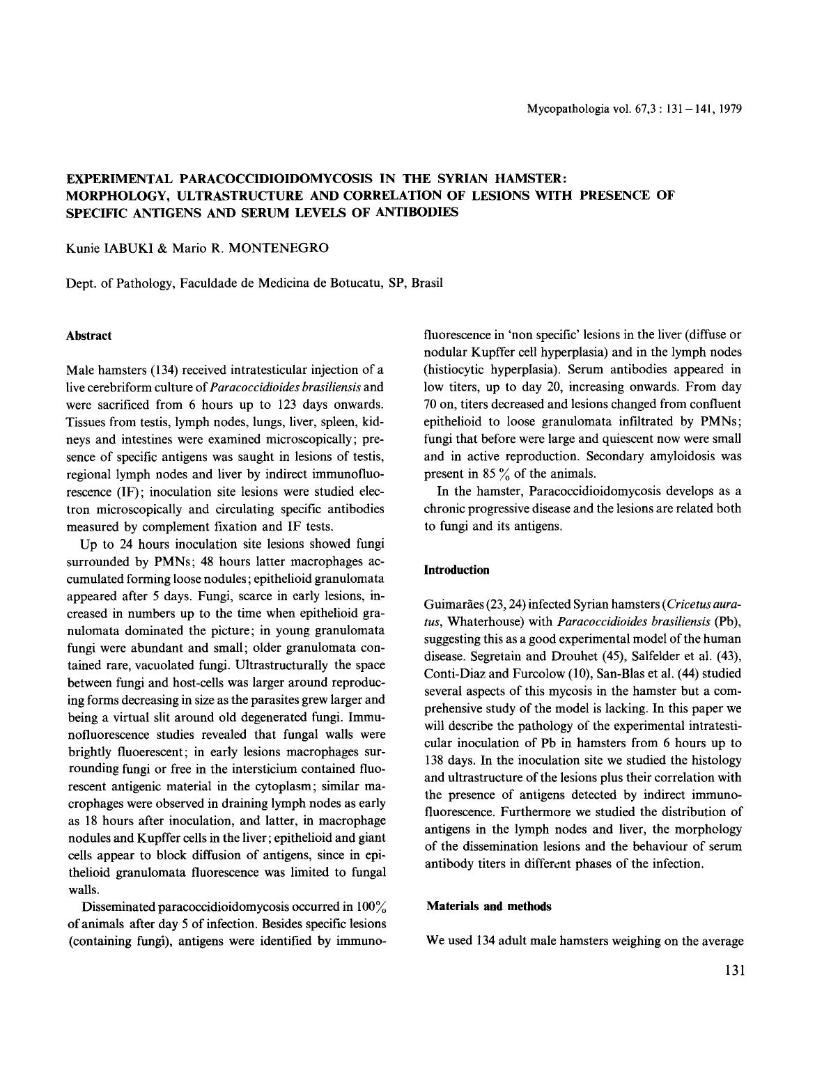 Experimental paracoccidioidomycosis in the syrian hamster: Morphology, ultrastructure and correlation of lesions with presence of specific antigens and serum levels of antibodies by Unknown