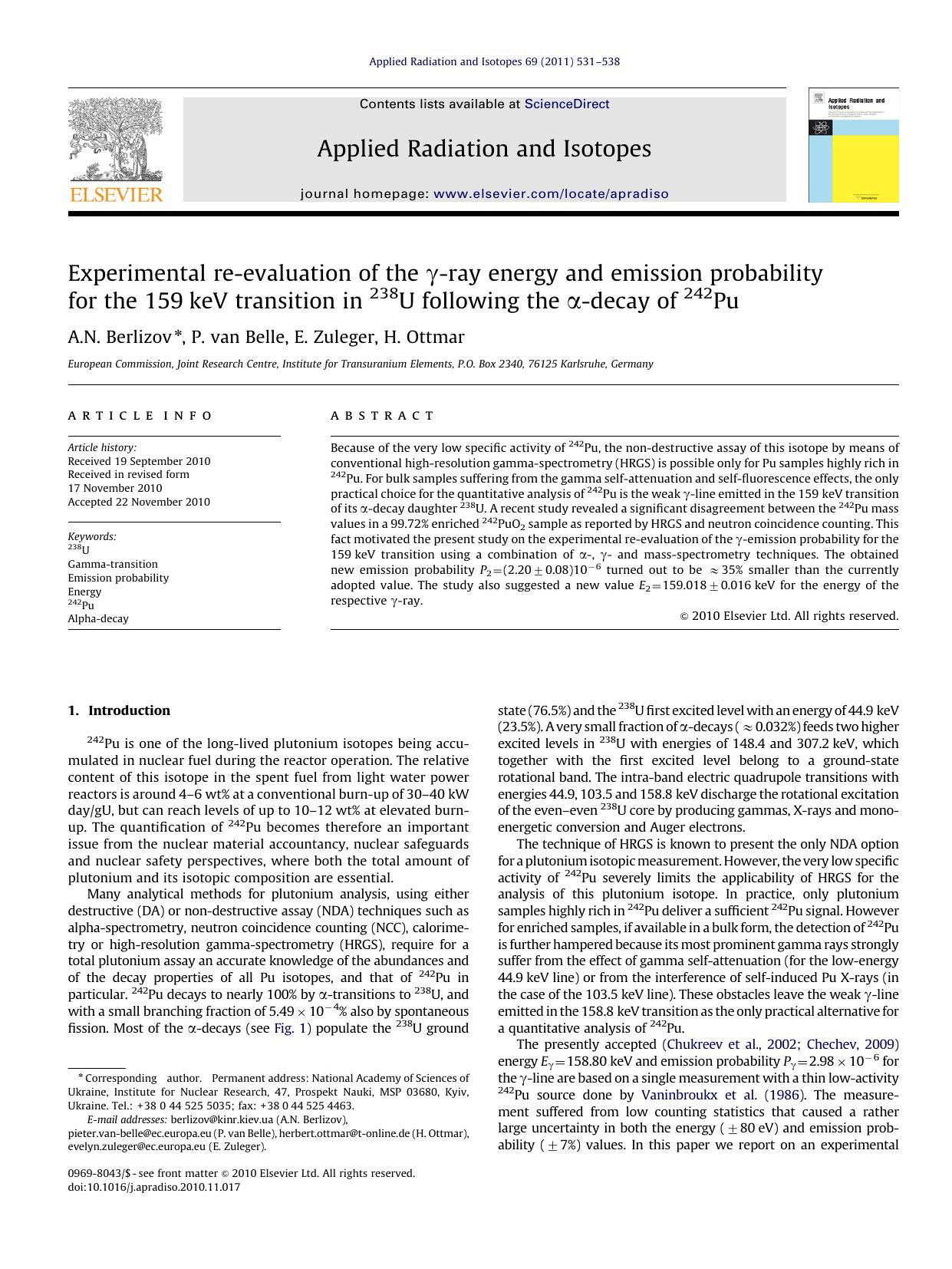 Experimental re-evaluation of the Î³-ray energy and emission probability for the 159keV transition in 238U following the Î±-decay of 242Pu by A.N. Berlizov & P. van Belle & E. Zuleger & H. Ottmar