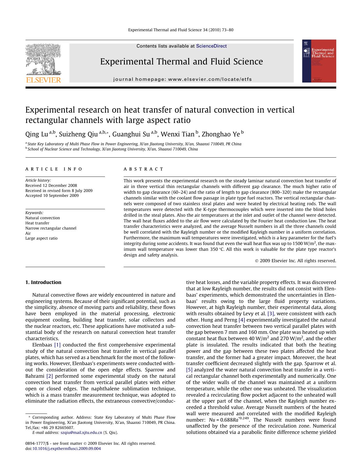 Experimental research on heat transfer of natural convection in vertical rectangular channels with large aspect ratio by Qing Lu & Suizheng Qiu & Guanghui Su & Wenxi Tian & Zhonghao Ye