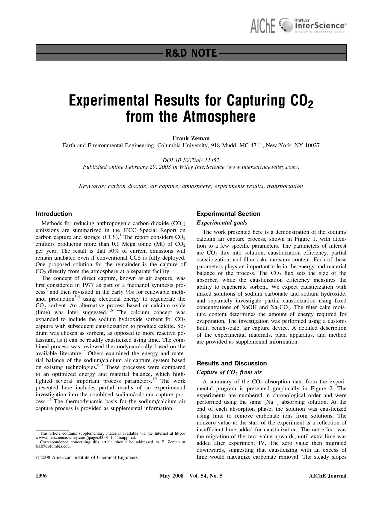 Experimental results for capturing CO2 from the atmosphere by Unknown