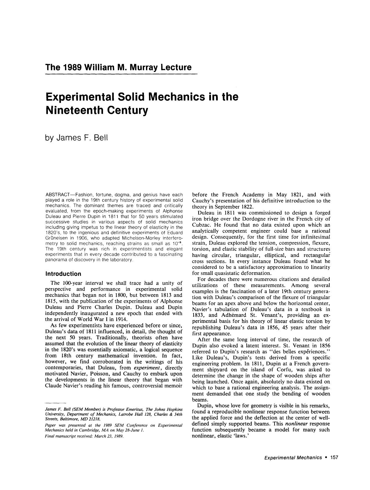 Experimental solid mechanics in the nineteenth century by Unknown