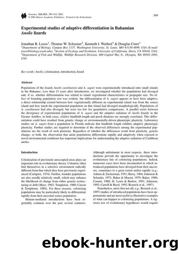 Experimental studies of adaptive differentiation in Bahamian <Emphasis Type="Italic">Anolis<Emphasis> lizards by Unknown