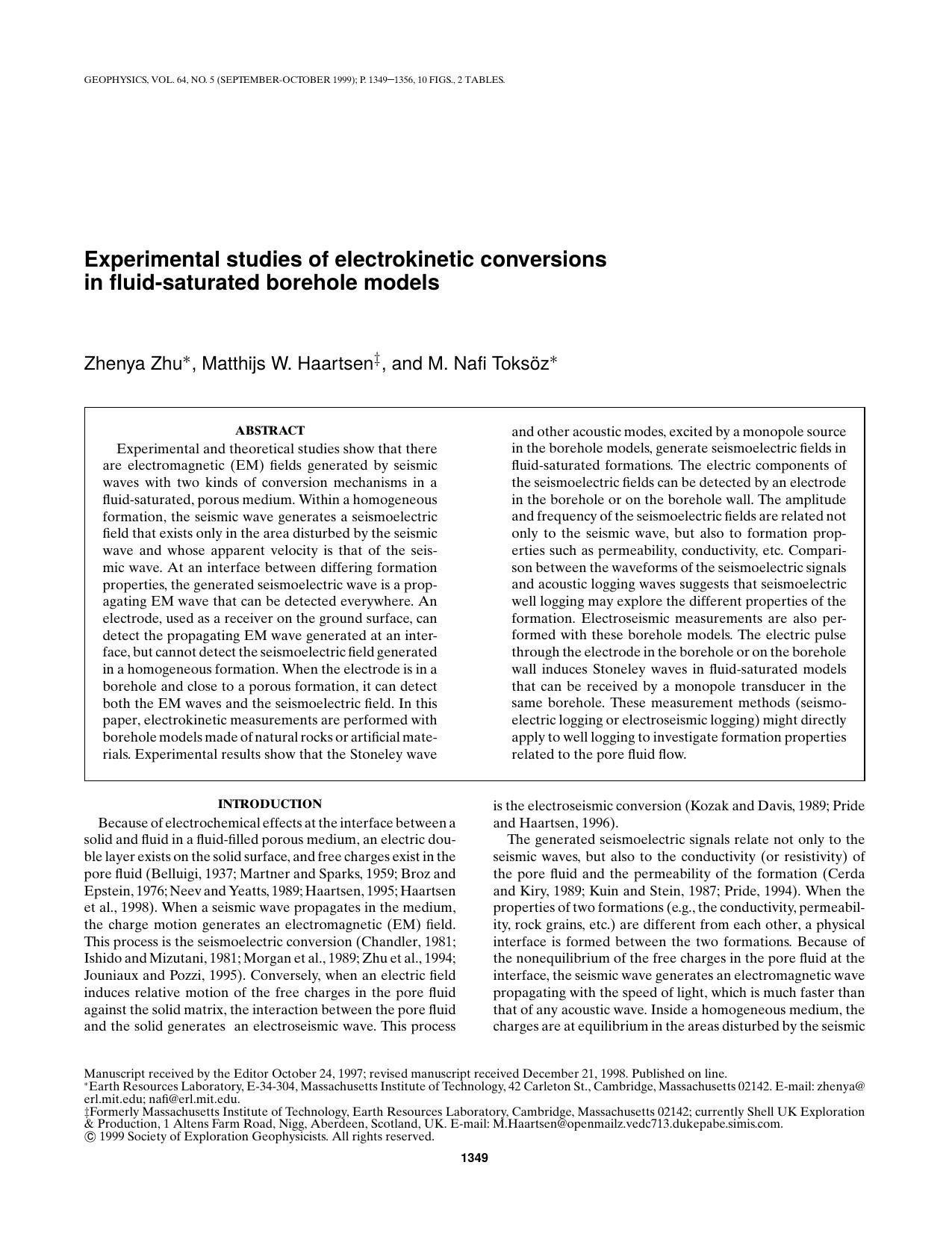 Experimental studies of electrokinetic conversions in fluid-saturated borehole models by Z. Zhu M. W. Haartsen M.N. Toksoz