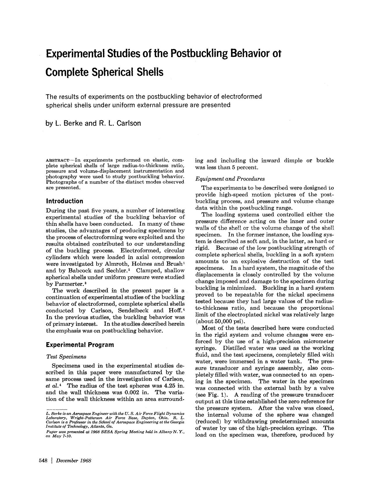 Experimental studies of the postbuckling behavior of complete spherical shells by Unknown