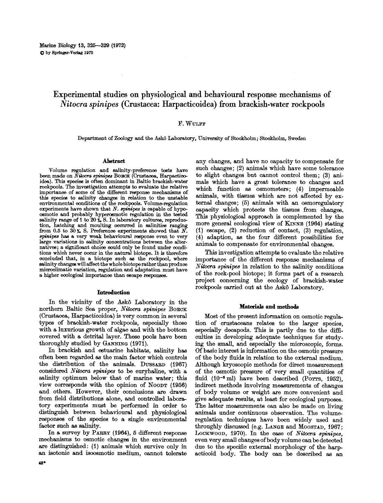 Experimental studies on physiological and behavioural response mechanisms of <Emphasis Type="Italic">Nitocra spinipes<Emphasis> (Crustacea: Harpacticoidea) from brackish-water rockpools by Unknown