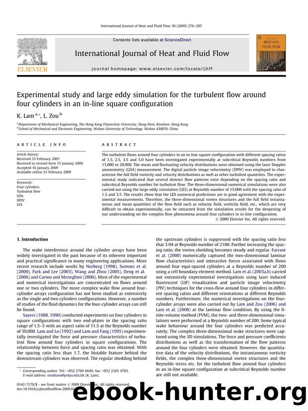 Experimental study and large eddy simulation for the turbulent flow around four cylinders in an in-line square configuration by K. Lam; L. Zou