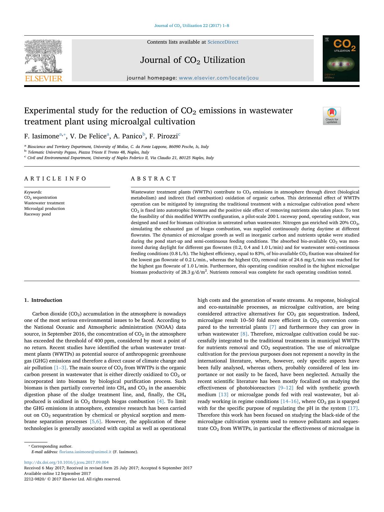 Experimental study for the reduction of CO2 emissions in wastewater treatment plant using microalgal cultivation by F. Iasimone & V. De Felice & A. Panico & F. Pirozzi
