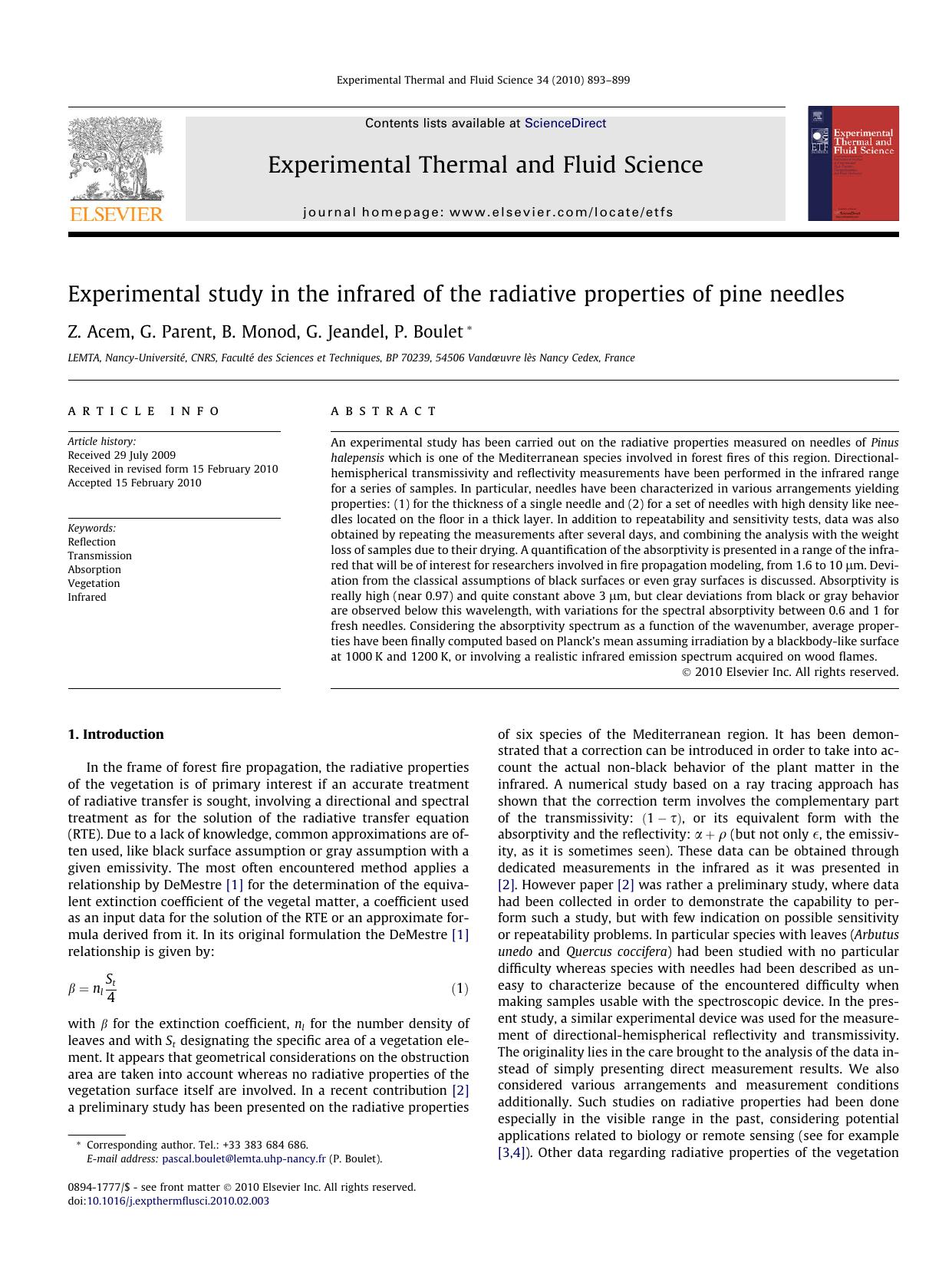 Experimental study in the infrared of the radiative properties of pine needles by Z. Acem; G. Parent; B. Monod; G. Jeandel; P. Boulet