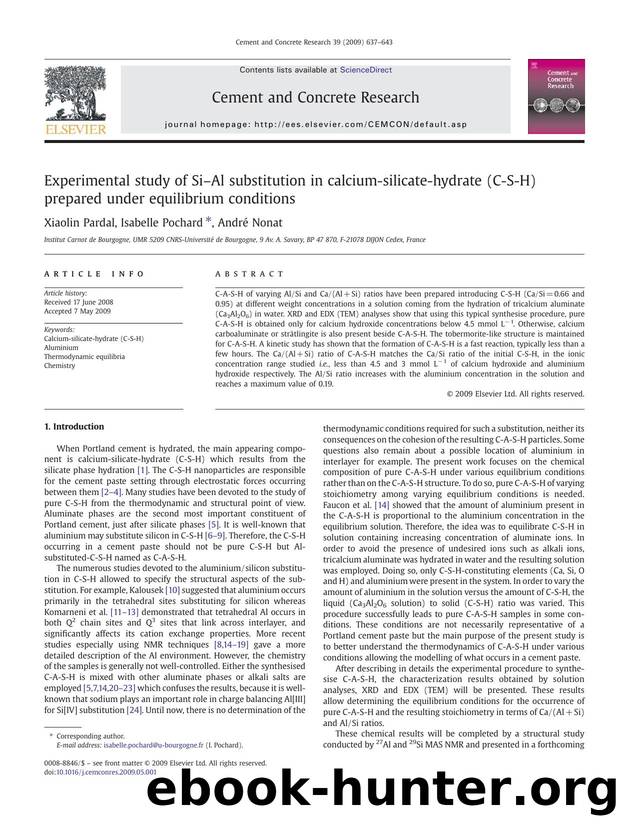 Experimental study of SiâAl substitution in calcium-silicate-hydrate (C-S-H) prepared under equilibrium conditions by Xiaolin Pardal; Isabelle Pochard; André Nonat