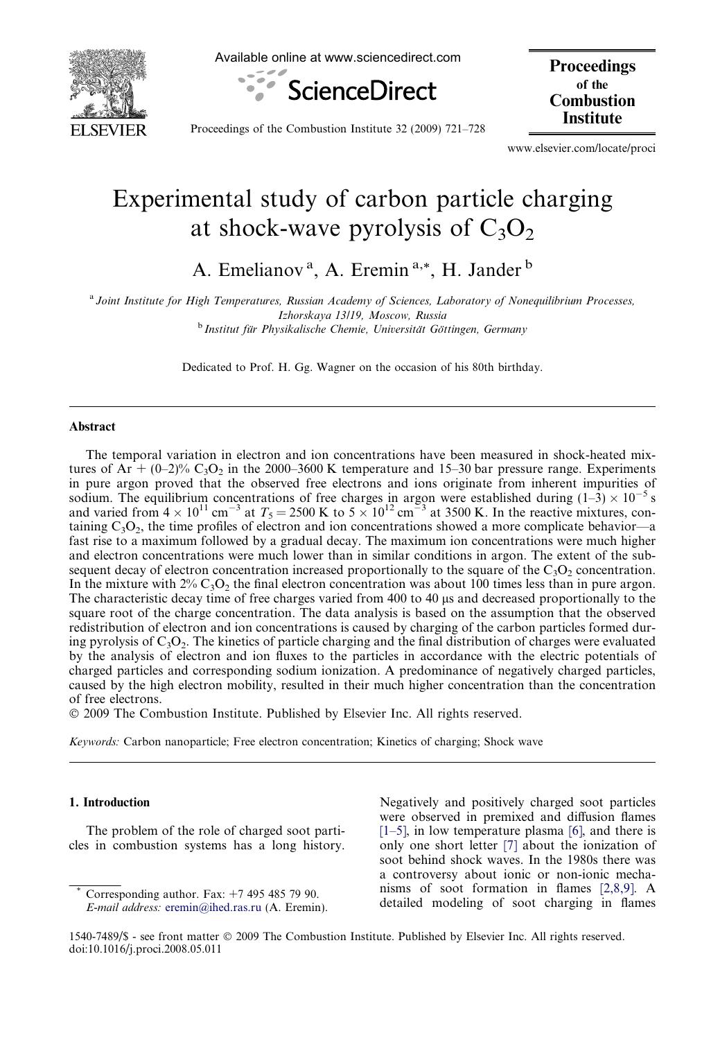 Experimental study of carbon particle charging at shock-wave pyrolysis of C3O2 by A. Emelianov; A. Eremin; H. Jander