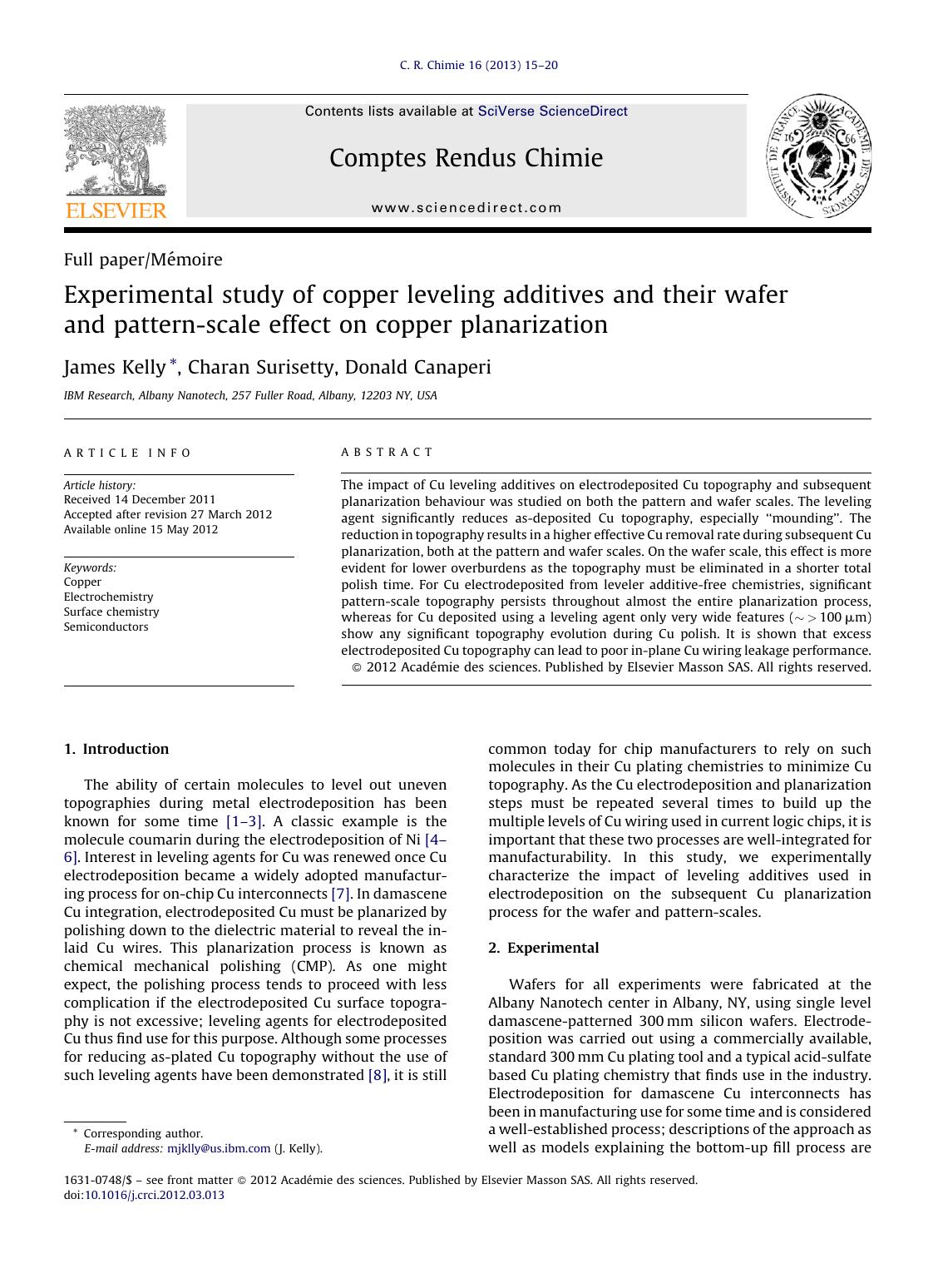 Experimental study of copper leveling additives and their wafer and pattern-scale effect on copper planarization by James Kelly