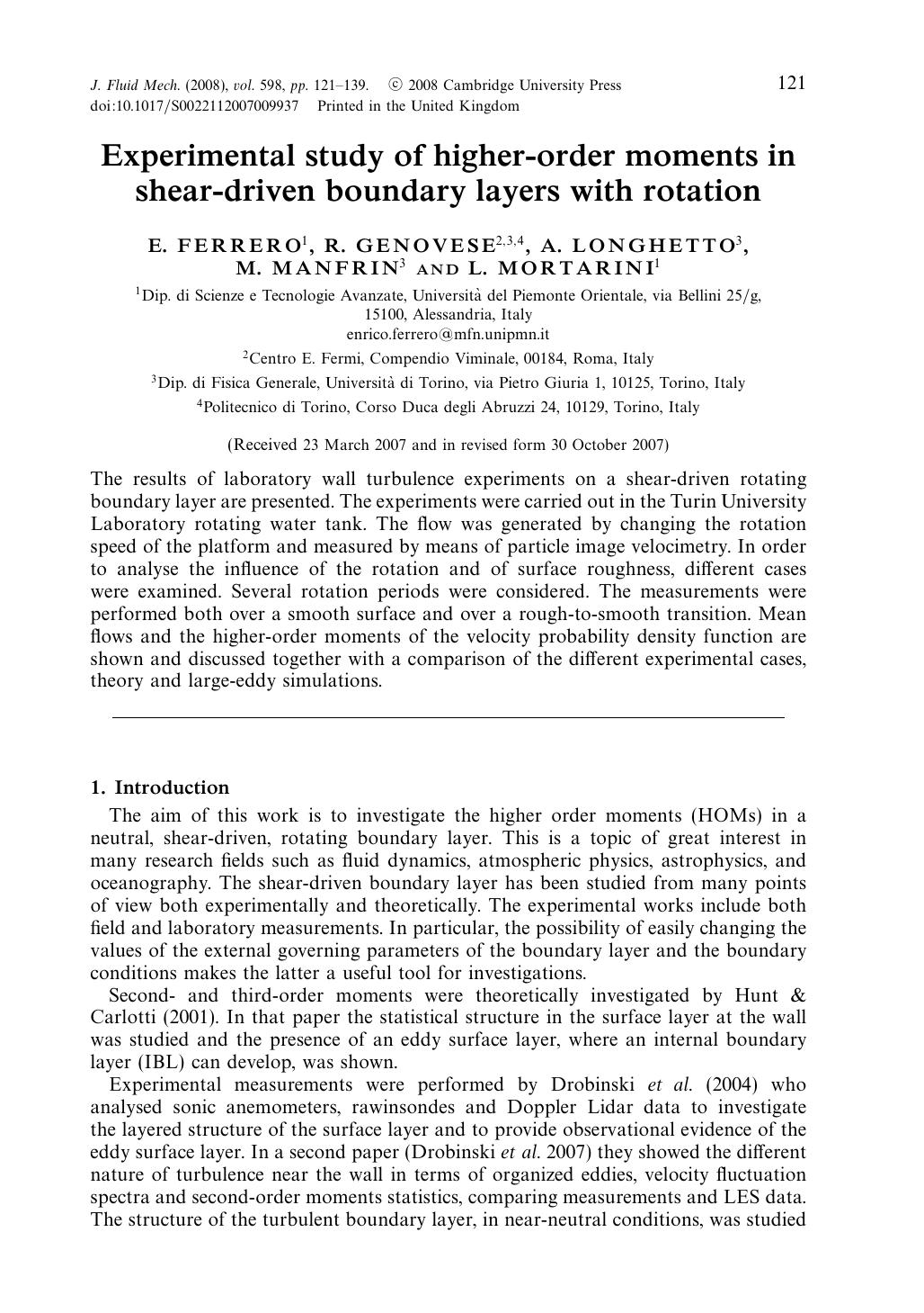 Experimental study of higher-order moments in shear-driven boundary layers with rotation by E. FERRERO R. GENOVESE A. LONGHETTO M. MANFRIN & L. MORTARINI