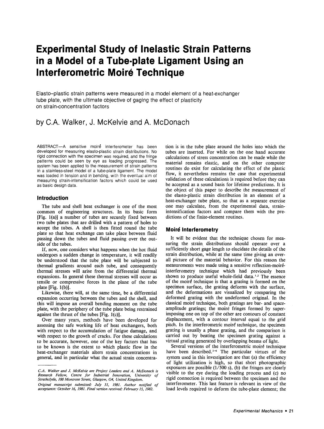 Experimental study of inelastic strain patterns in a model of a tube-plate ligament using an interferometric moiré technique by Unknown