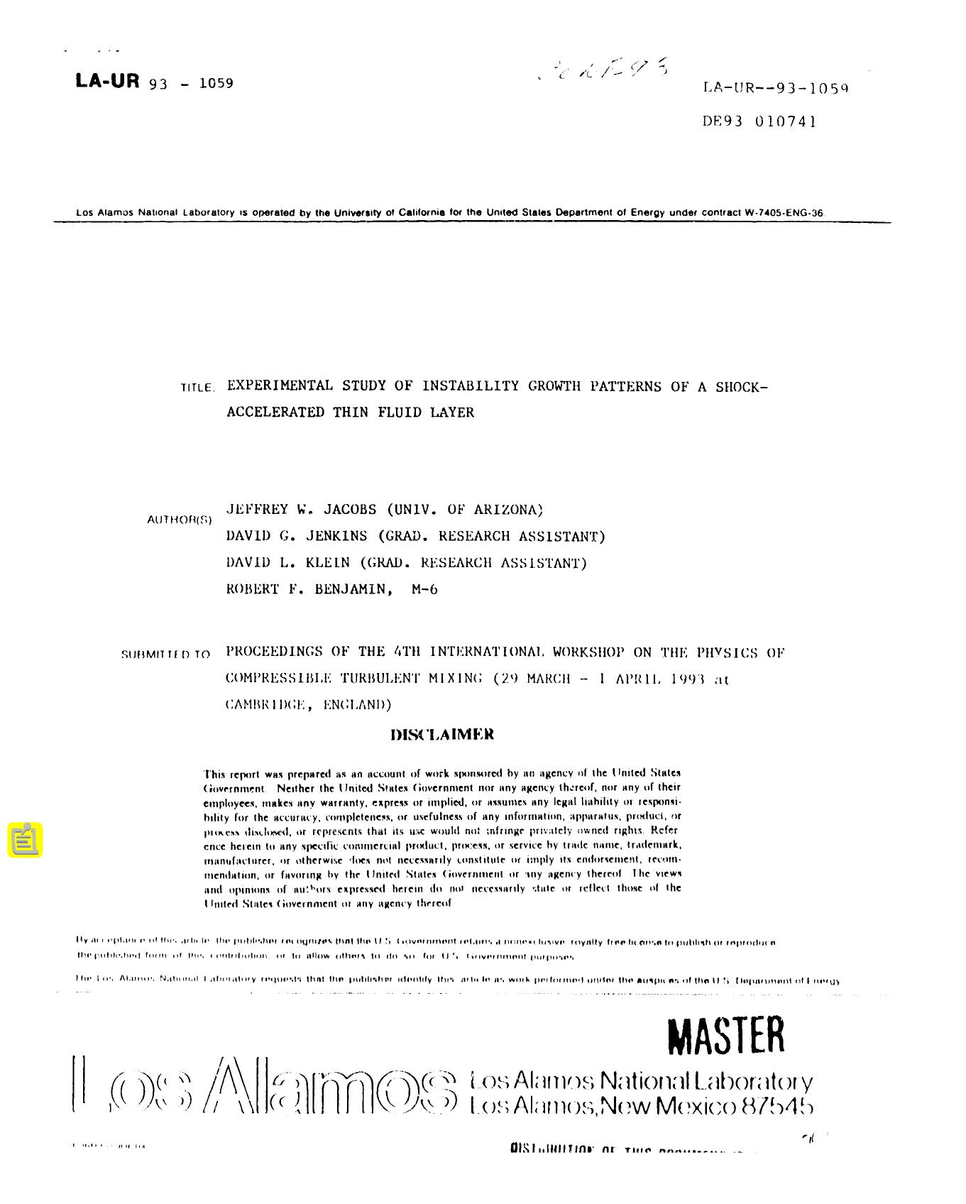 Experimental study of instability growth patterns of a shock-accelerated, thin fluid layer; None by LANL Research Library LWW Project