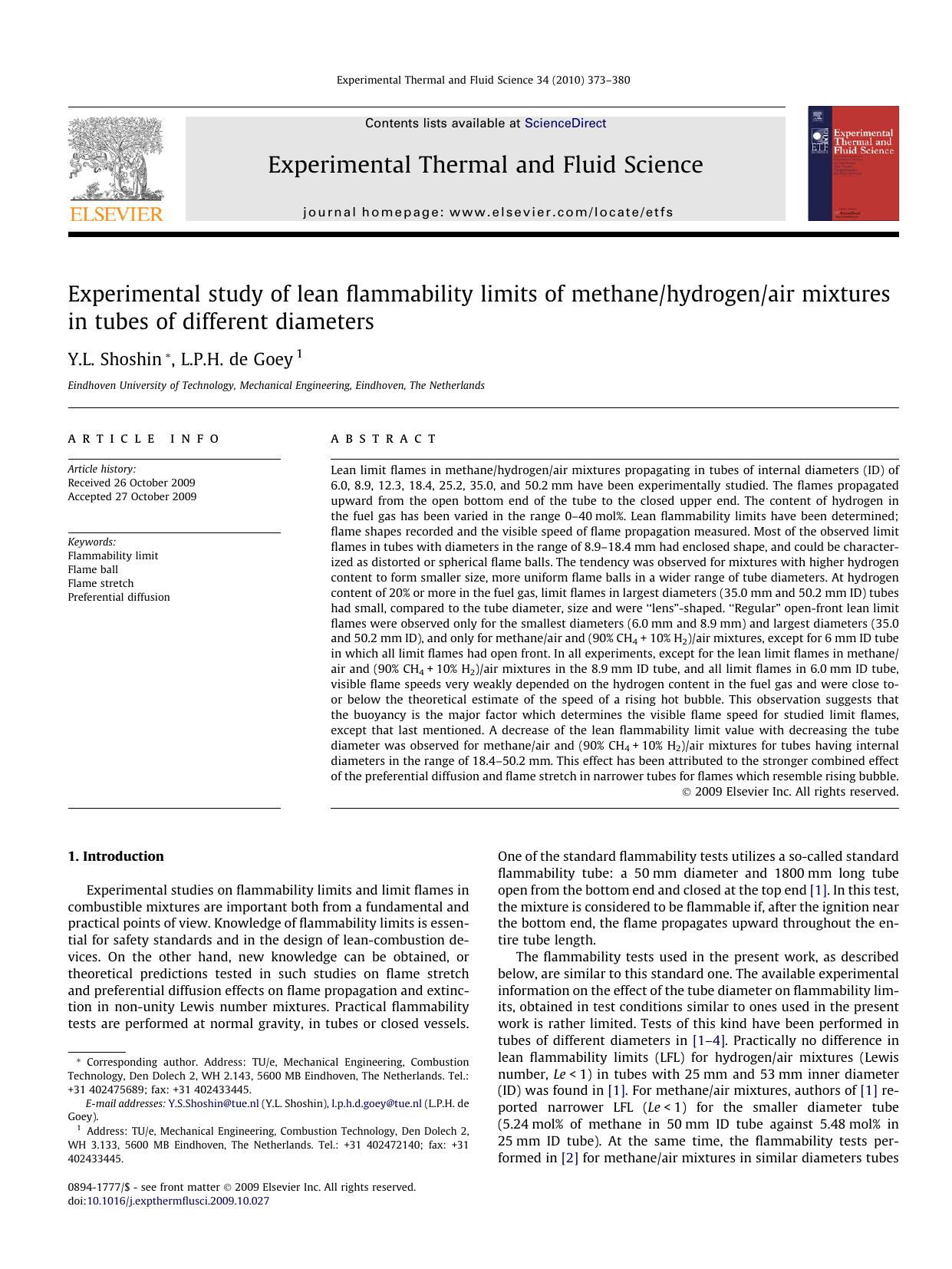 Experimental study of lean flammability limits of methanehydrogenair mixtures in tubes of different diameters by Y.L. Shoshin; L.P.H. de Goey
