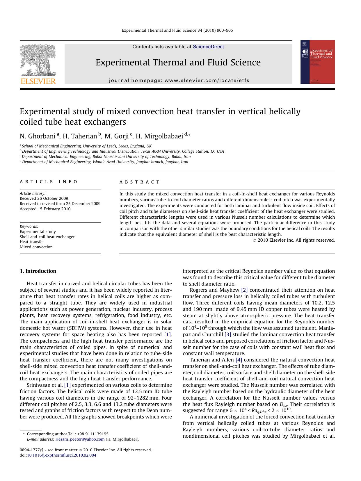 Experimental study of mixed convection heat transfer in vertical helically coiled tube heat exchangers by N. Ghorbani; H. Taherian; M. Gorji; H. Mirgolbabaei
