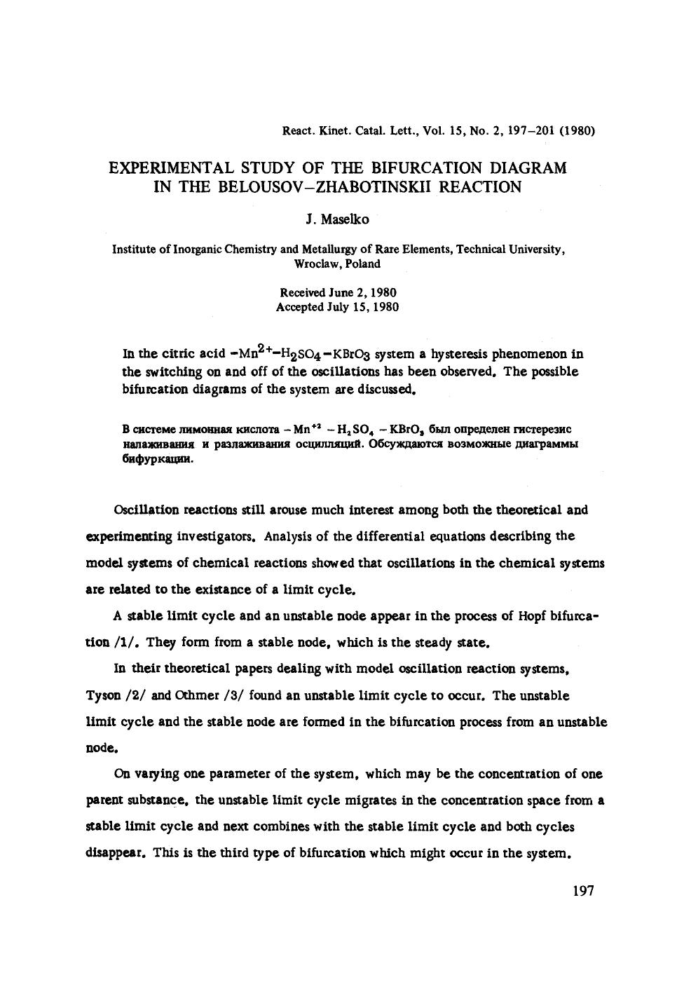 Experimental study of the bifurcation diagram in the Belousov-Zhabotinskii reaction by Unknown