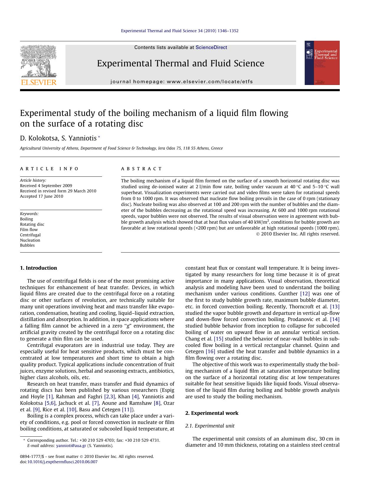 Experimental study of the boiling mechanism of a liquid film flowing on the surface of a rotating disc by D. Kolokotsa & S. Yanniotis