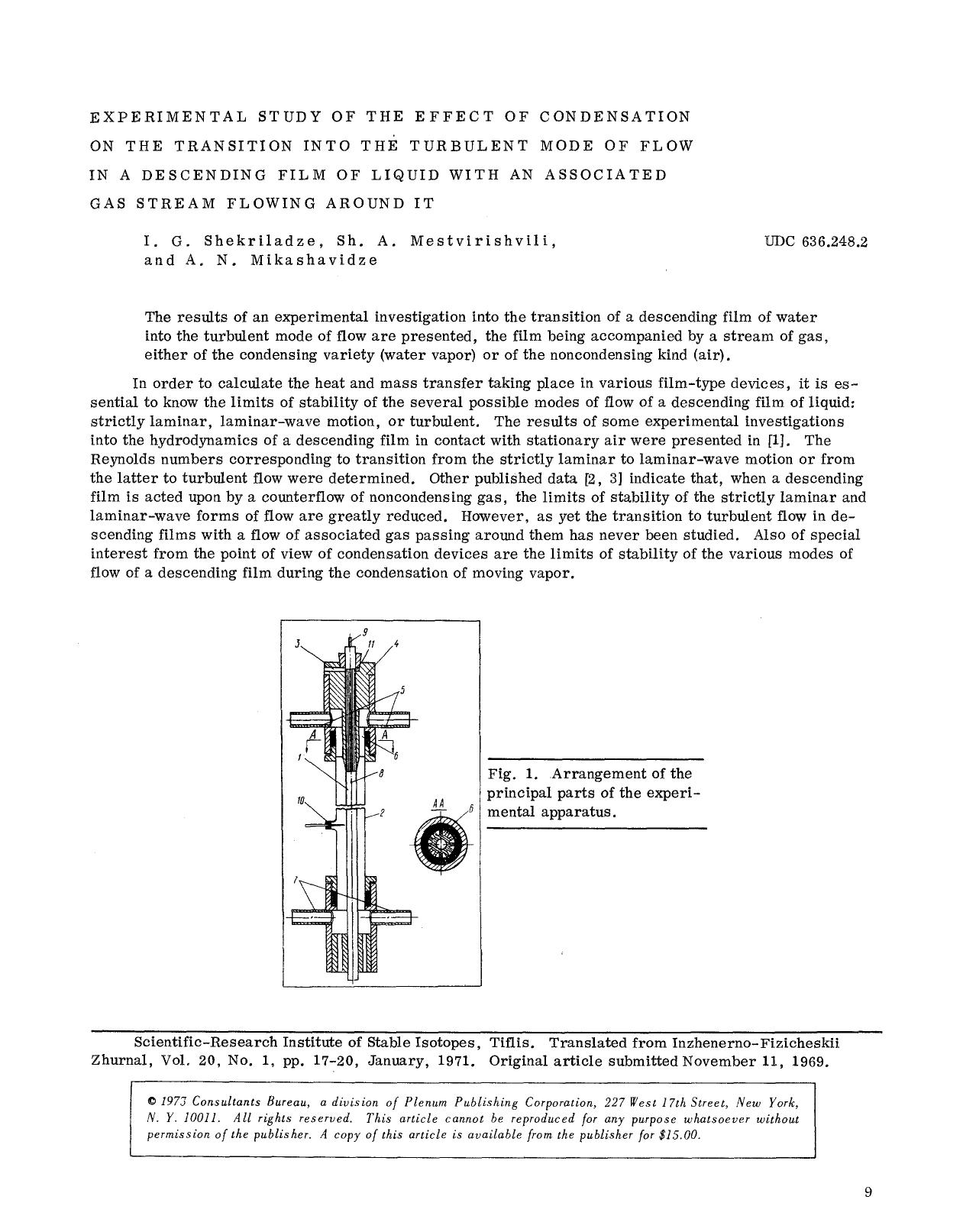 Experimental study of the effect of condensation on the transition into the turbulent mode of flow in a descending film of liquid with an associated gas stream flowing around it by Unknown