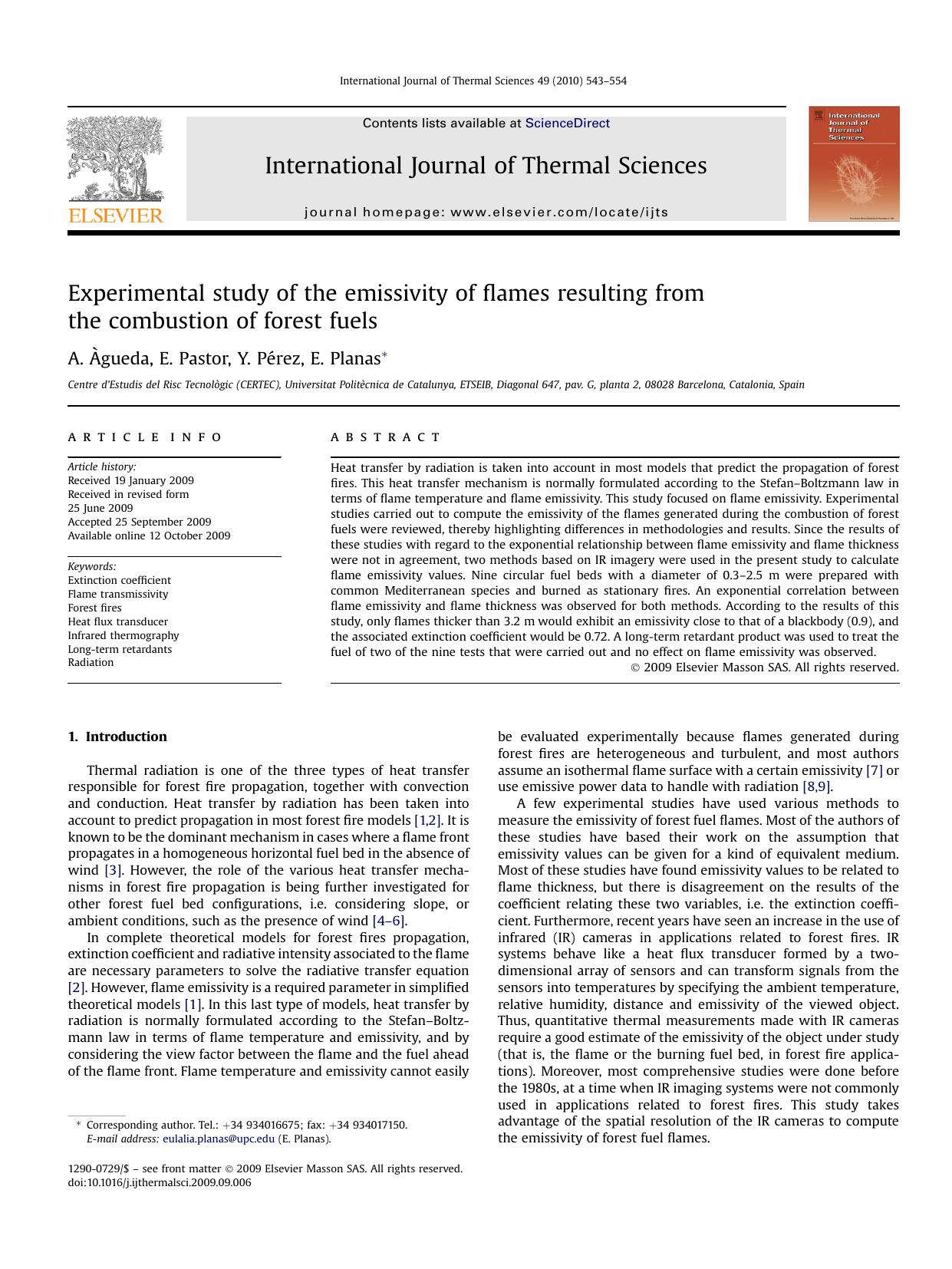 Experimental study of the emissivity of flames resulting from the combustion of forest fuels by A. Agueda; E. Pastor; Y. PErez; E. Planas