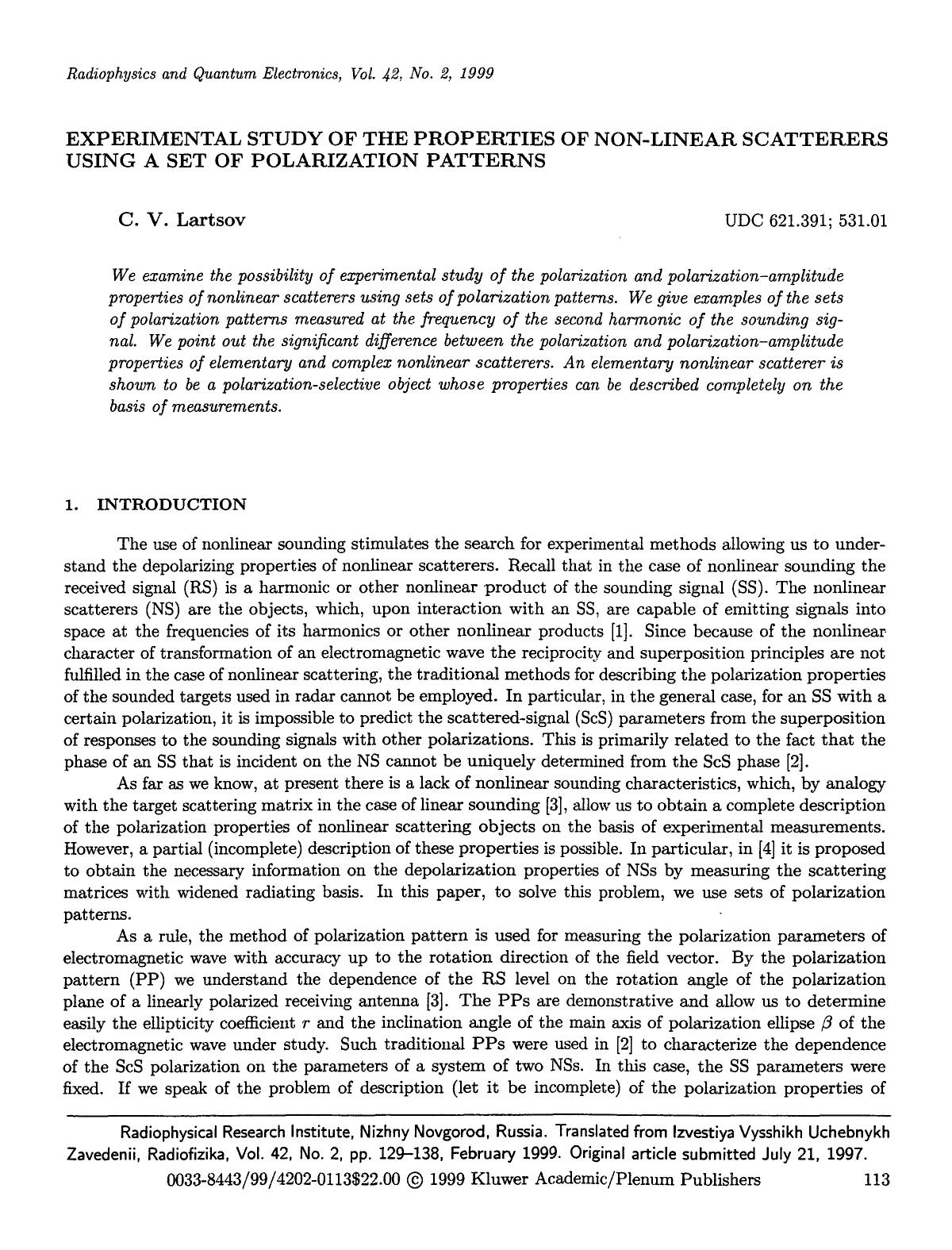 Experimental study of the properties of non-linear scatterers using a set of polarization patterns by Unknown