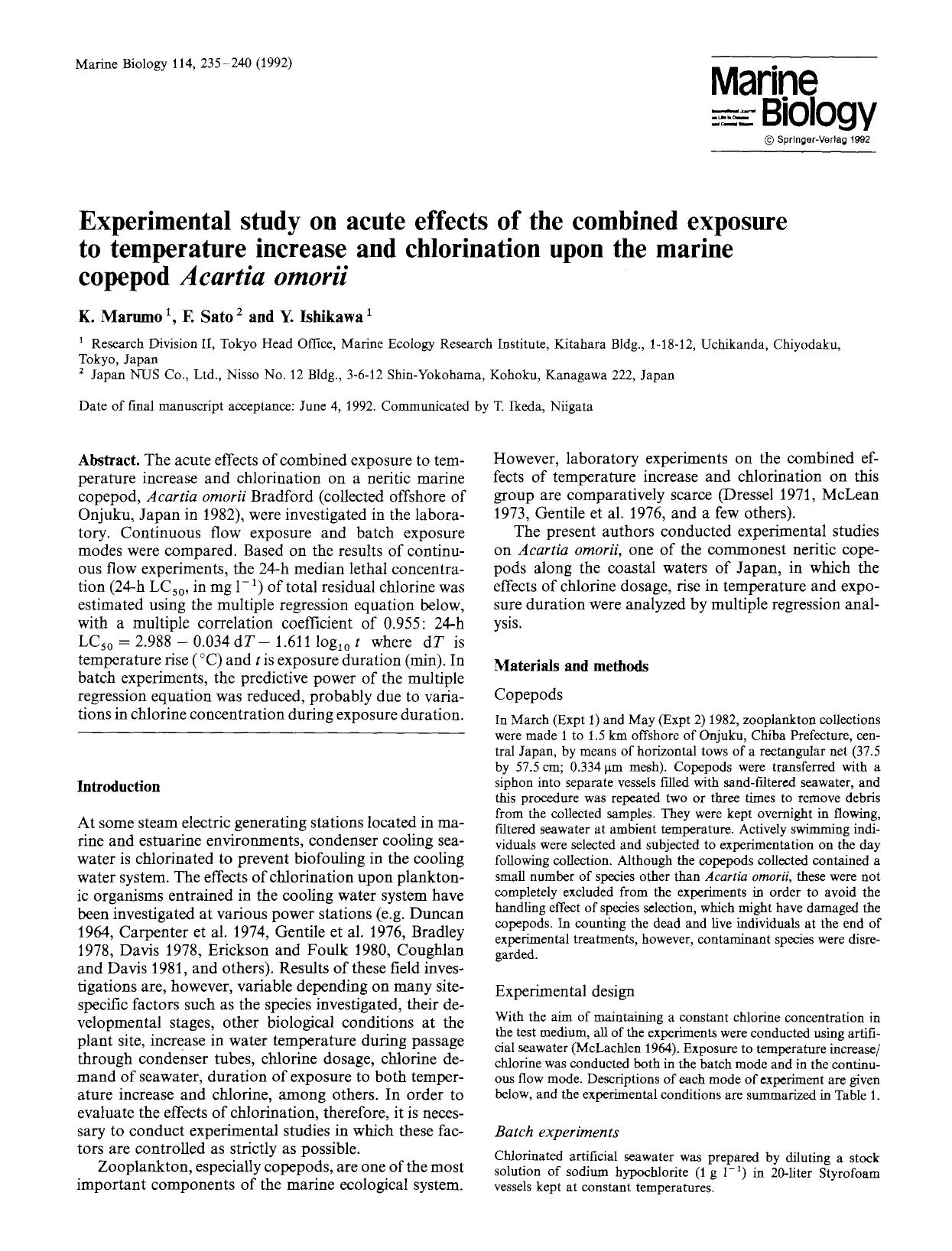 Experimental study on acute effects of the combined exposure to temperature increase and chlorination upon the marine copepod <Emphasis Type="Italic">Acartia omorii<Emphasis> by Unknown