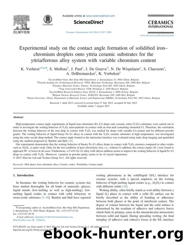 Experimental study on the contact angle formation of solidified ironâchromium droplets onto yttria ceramic substrates for the yttriaferrous alloy system with variable chromium content by unknow