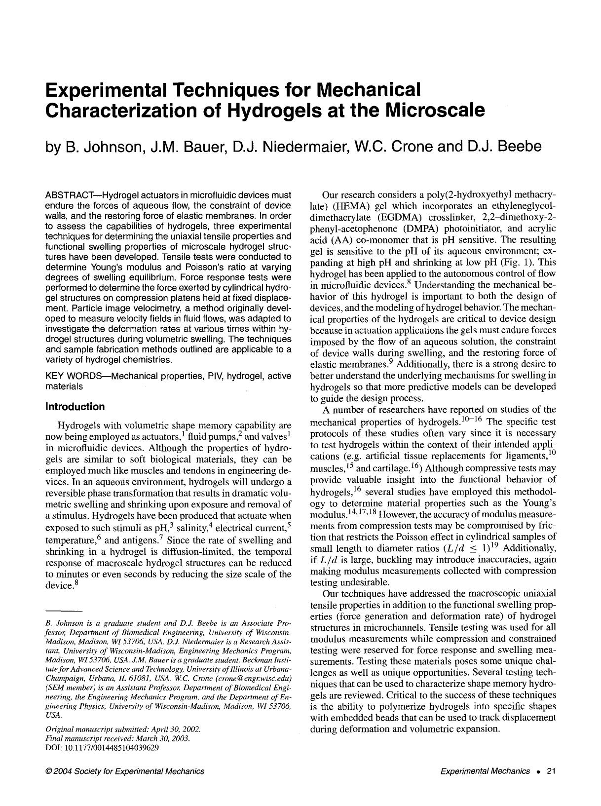 Experimental techniques for mechanical characterization of hydrogels at the microscale by Unknown
