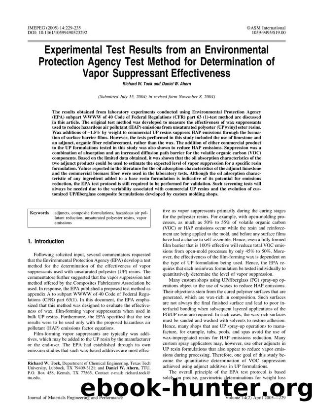 Experimental test results from an environmental protection agency test method for determination of vapor suppressant effectiveness by Unknown